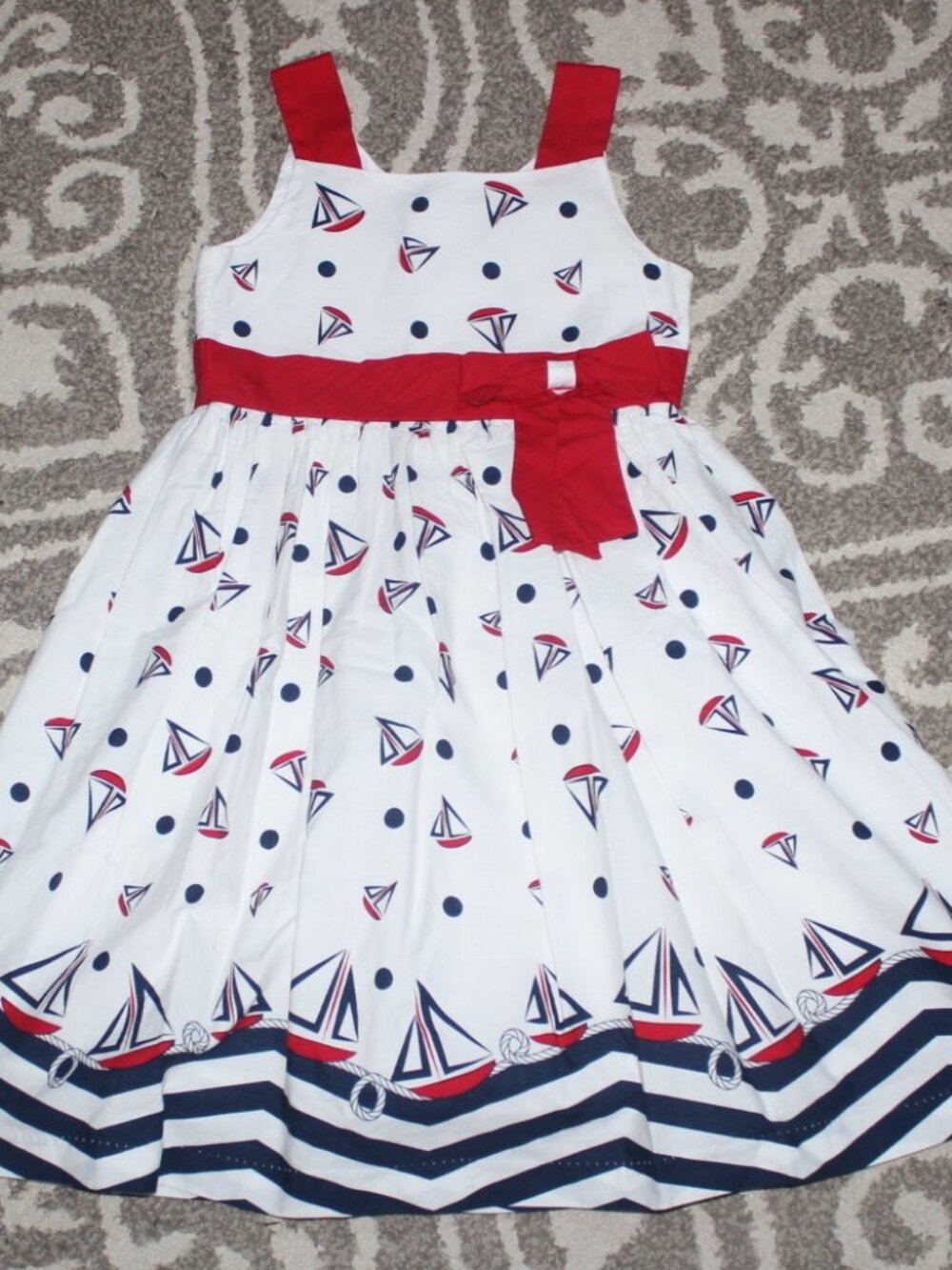 Girls Jayne Copeland Red White Navy Blue Sailboats Nautical Summer Dress size 5